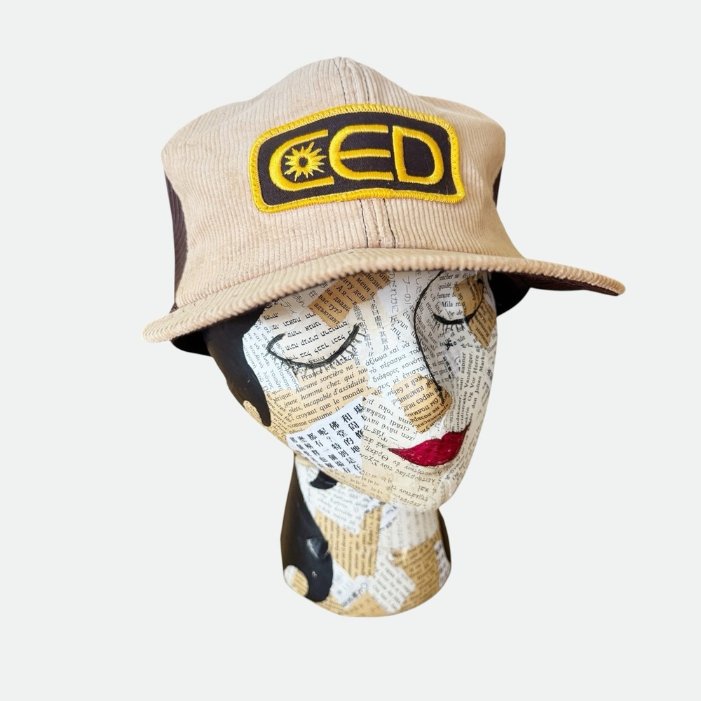 VTG CED Trucker Hat Cap Advertising Corduroy Mesh Snap Back Tan Brown